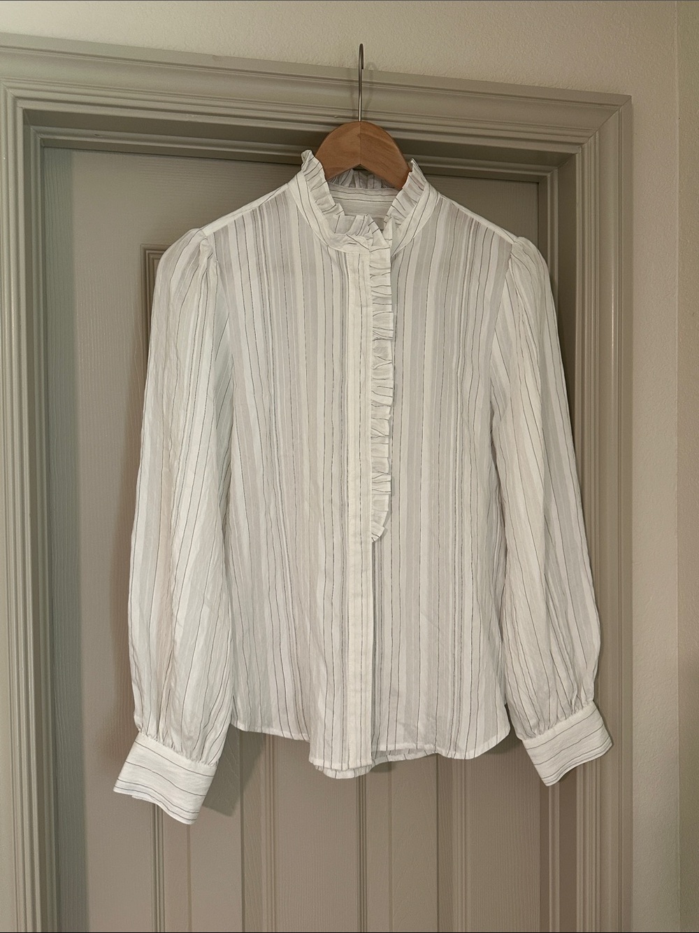 Madewell White Blouse with Black Pinstripes and Ruffle Neck